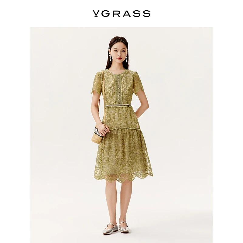 【晨粉专享】VGRASS利巴蕾丝刺绣连衣裙25年夏季新款收腰VSL2Q2396D