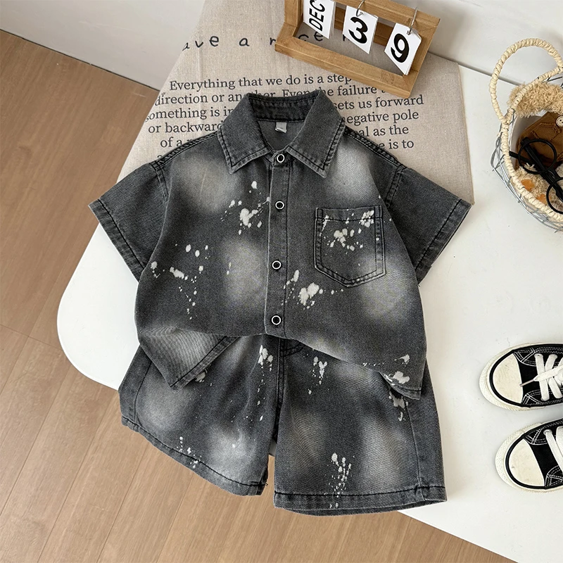 【图片款套装】中小男童夏装牛仔套装新款儿童短袖两件套衣服夏季