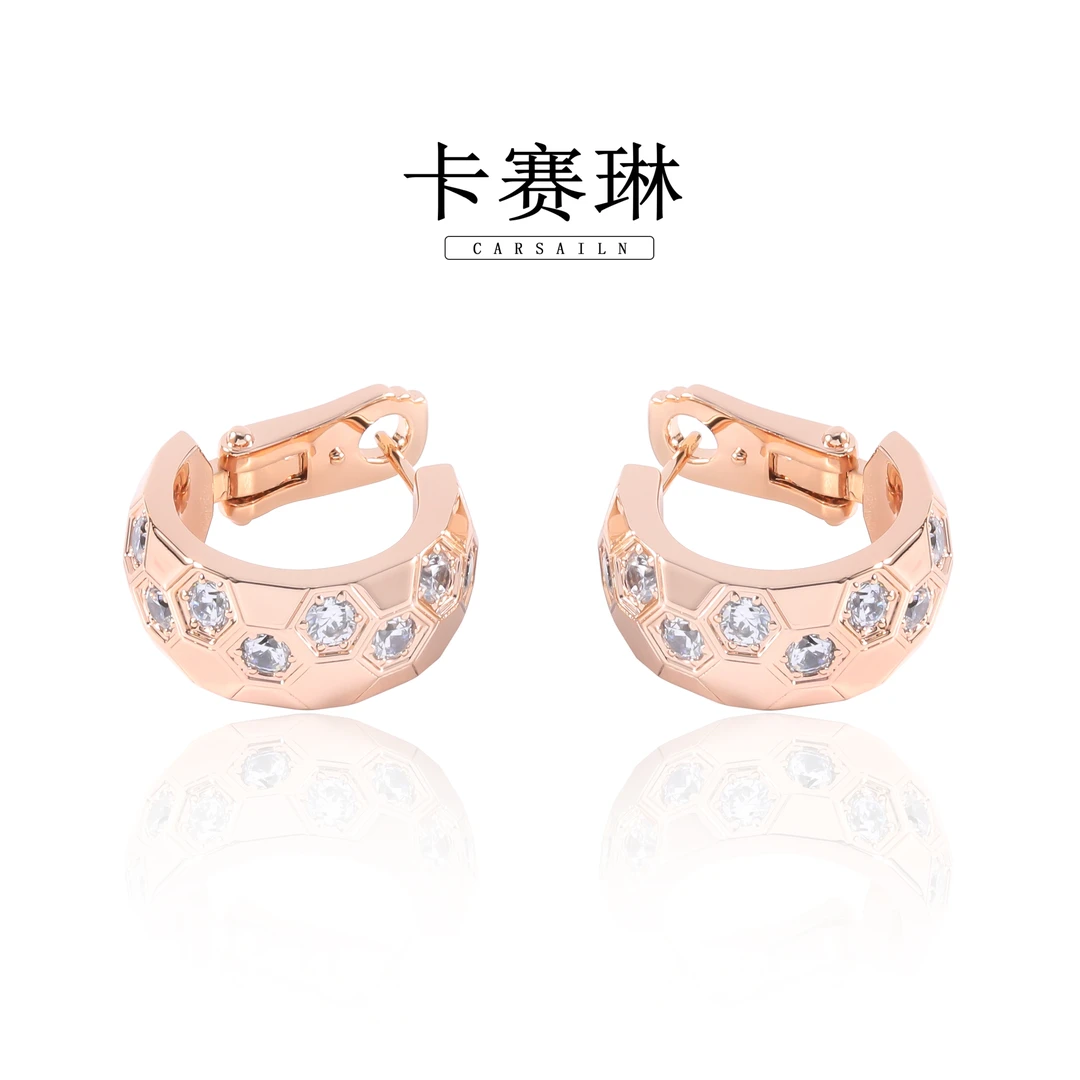 卡赛琳carsailn/ 镀K金 925银针 CNC精工 蜂巢宽版间钻耳环 3508