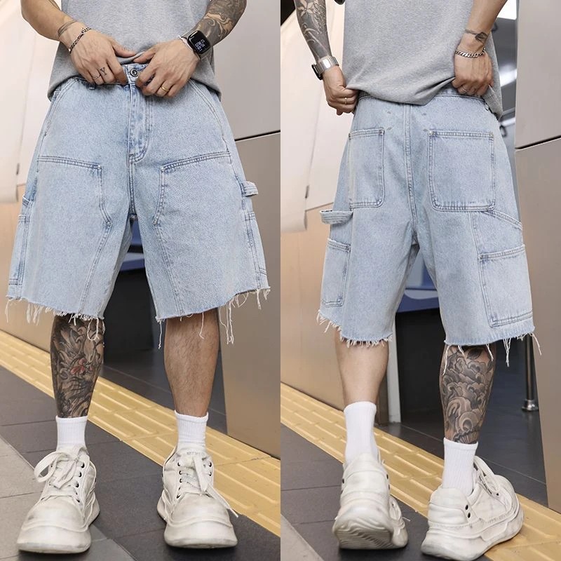 25SS拼接毛边伐木工装牛仔短裤男款毛边设计感潮牌高街宽松五分裤