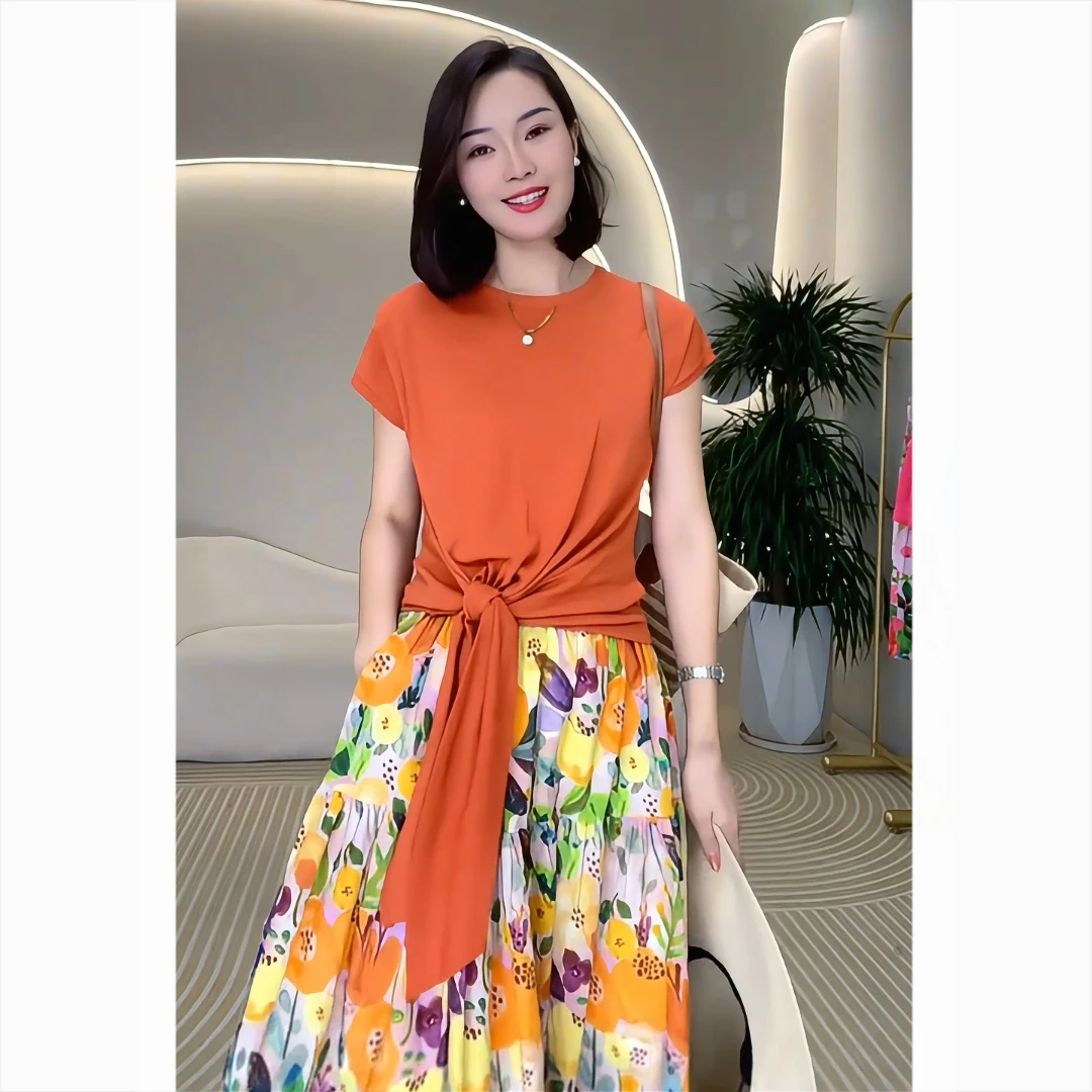 【专柜品质套装】夏季新款洋气减龄系带短袖高腰多巴胺碎花半身裙