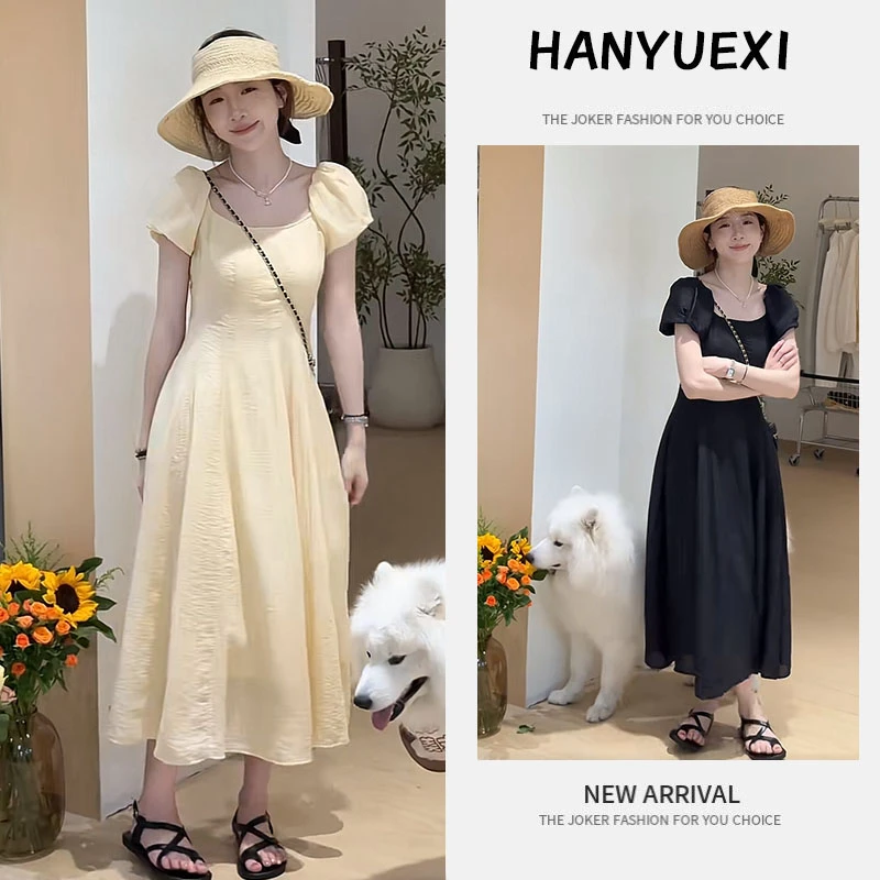 2025年夏季新款绝美裙子女韩版中长款气质泡泡袖收腰显瘦连衣裙潮