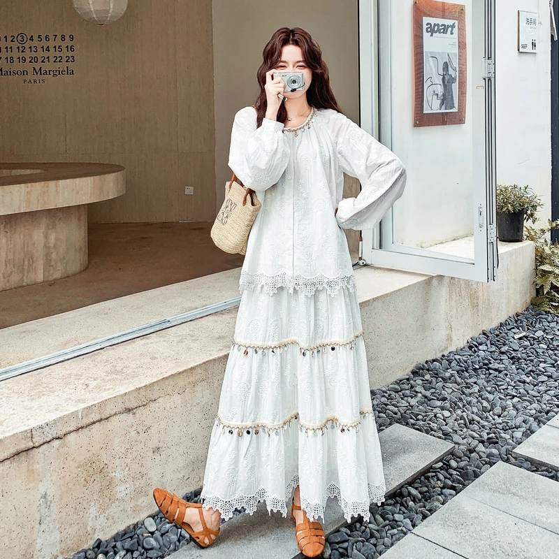 波西米亚风贝壳花边刺绣衬衫流苏半身裙套装两件套女早春秋度假风