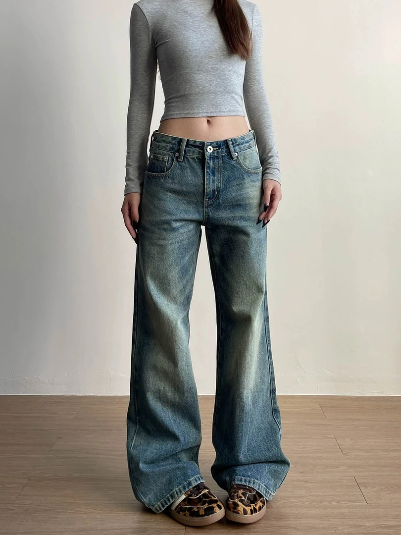 【防】宽松直筒牛仔裤女春季2025新款复古水洗高腰显瘦裤子女加绒