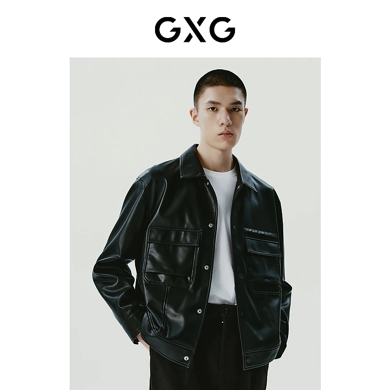 GXG男装 黑色口袋设计翻领皮衣夹克外套23年冬季新品#GED11200404