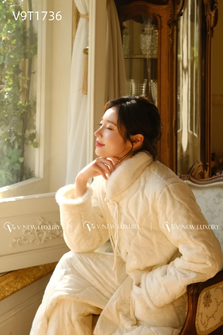 丝奢女士冬季夹棉家居服套装米白毛绒领菱格纹轻奢保暖居家服