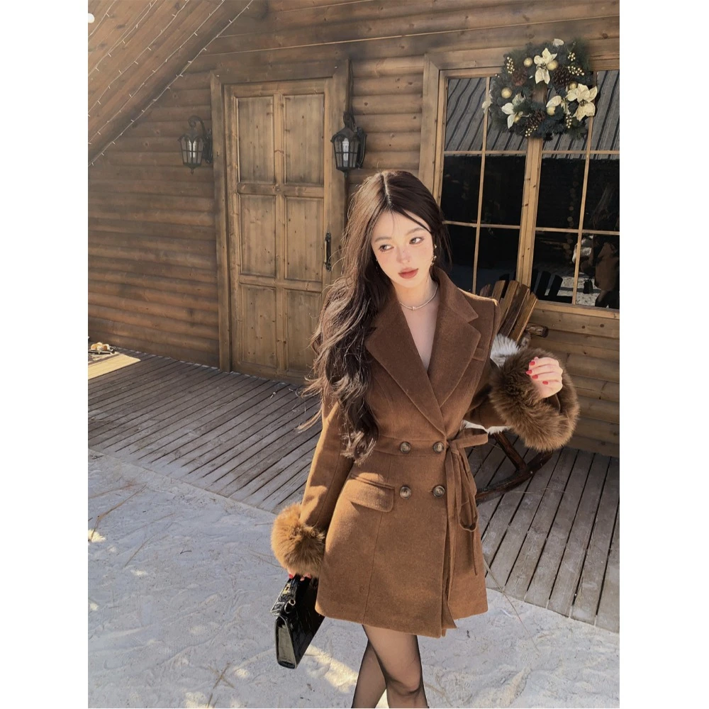 韩版小众高级感夹棉毛呢外套新款时尚精致轻奢显瘦系带短呢子女冬