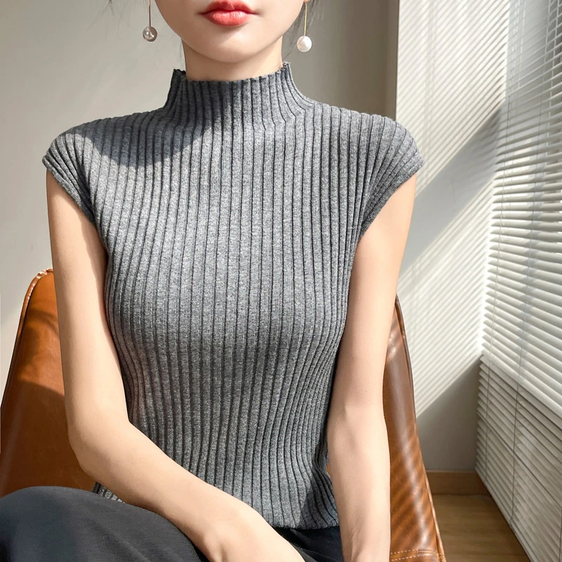 【120支水溶精纺羊毛】半高领无袖针织衫女薄款气质休闲打底衫百搭