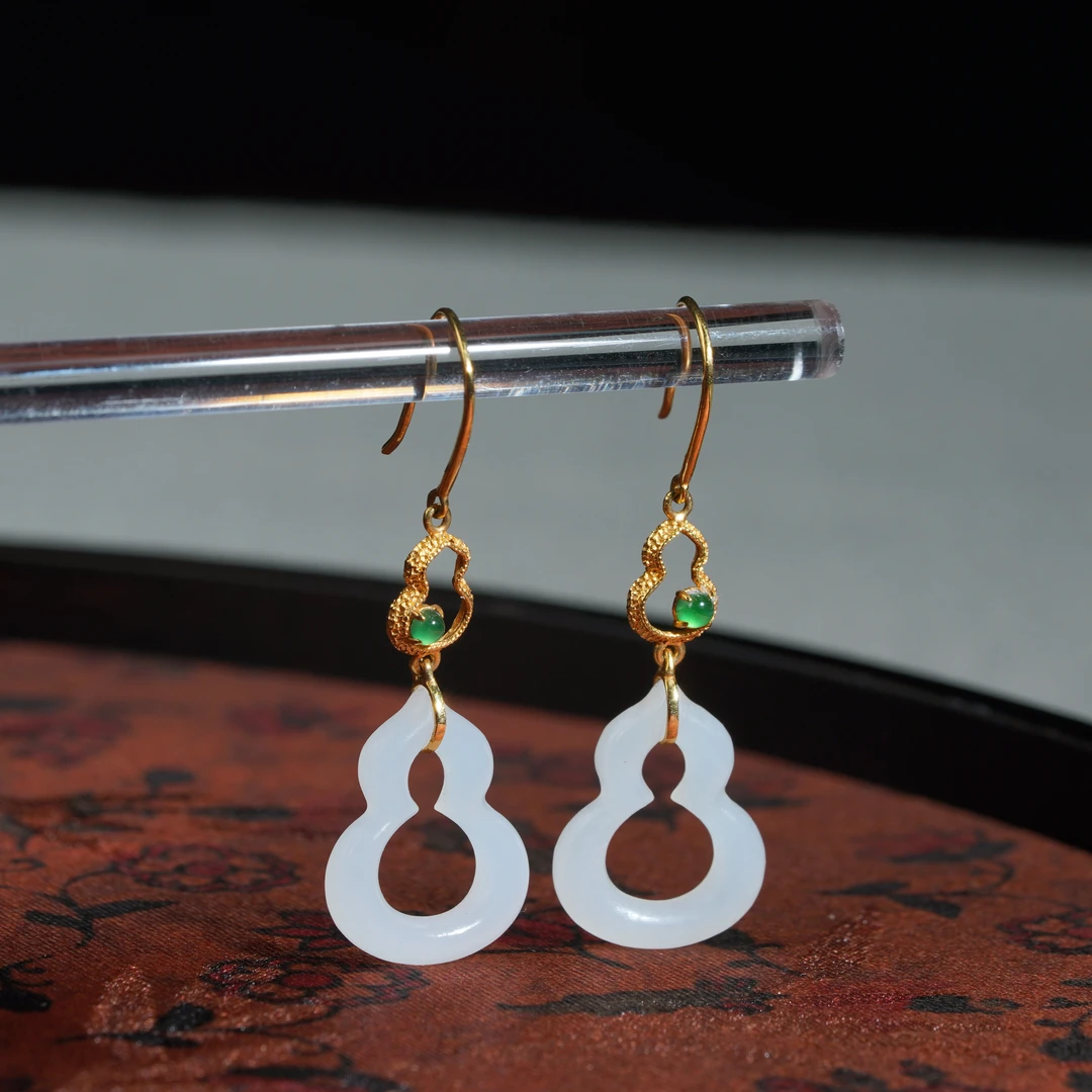 【鹿鸣】18k金和田玉羊脂白玉葫芦耳饰 18*14*3mm LM13