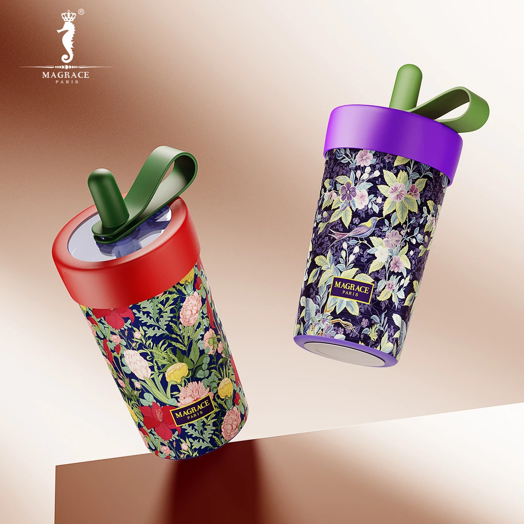 法国MAGRACE吸管奶茶杯3款家居创意原创花纹日用陶瓷内胆不锈钢杯