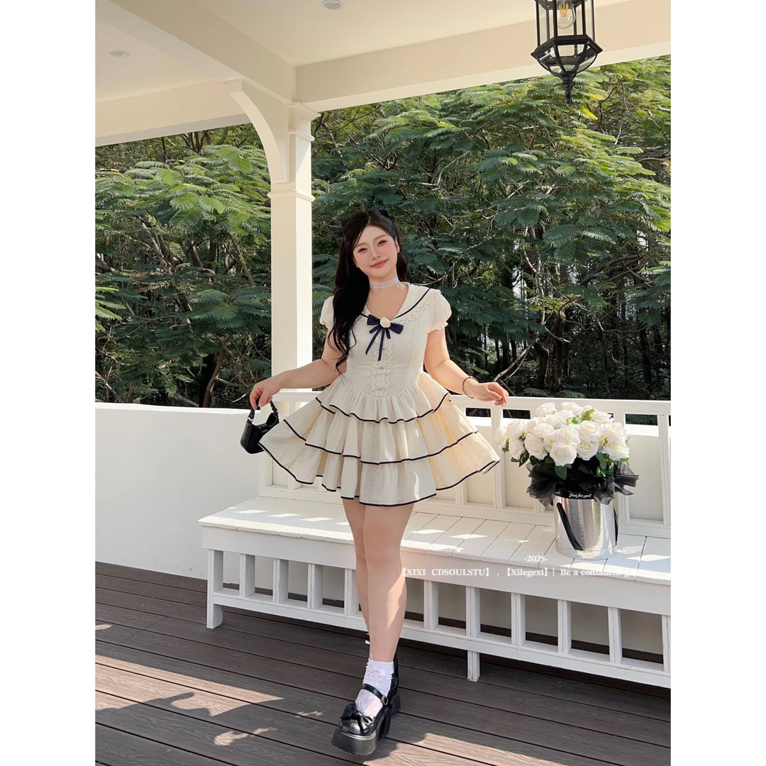 【PPEIQI】"白茶莉莉"大码法式纯欲海军领甜美收腰蓬蓬公主连衣短裙