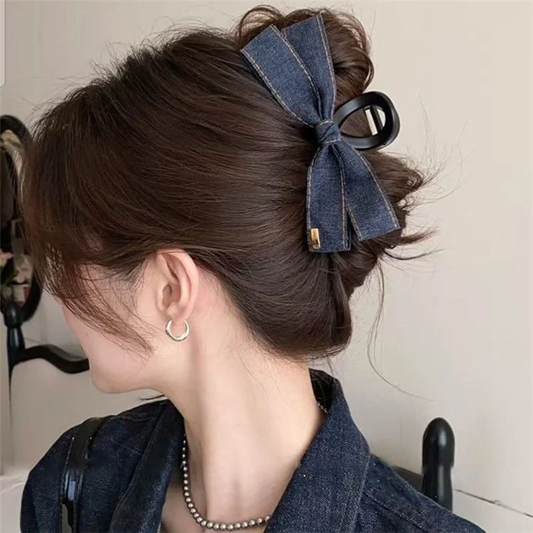 韩系简约牛仔蝴蝶结抓夹女2025新款时尚高级感发夹后脑勺鲨鱼夹子