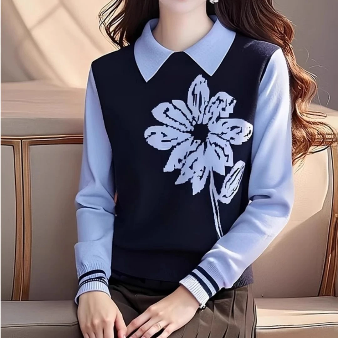 新款春秋翻领蔷薇绣花长袖针织衫时尚显瘦韩版减龄女单穿减龄