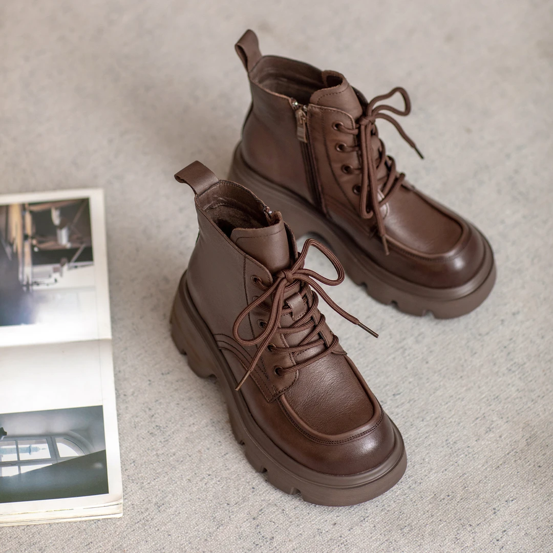 真皮马丁靴女款2025秋季新款头层牛皮女鞋松糕厚底棕色短靴高级感