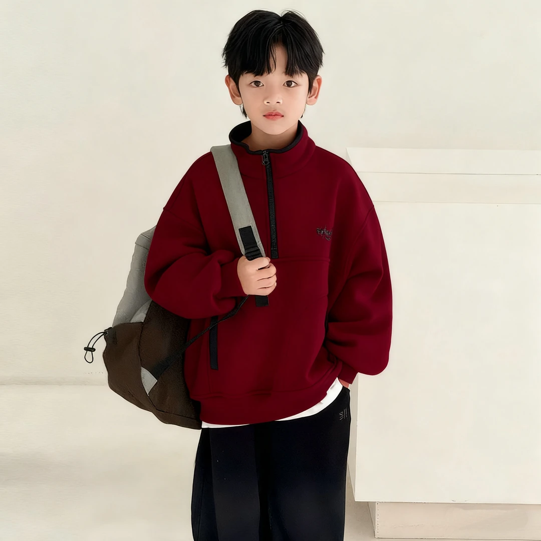 男童冬季卫衣一绒儿童加绒红色本命年上衣2025新款大童装冬装潮