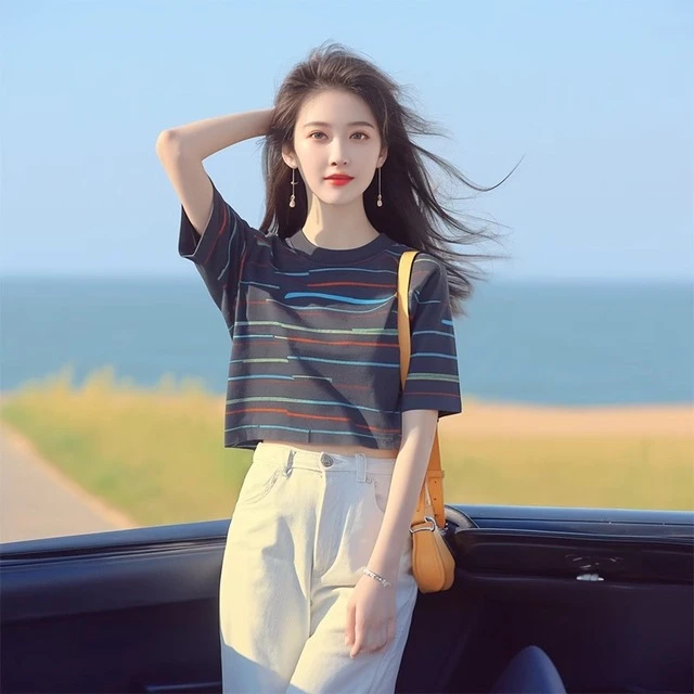 夏季韩系chic洋气独特别致漂亮上衣宽松百搭显瘦黑色条纹T恤女款