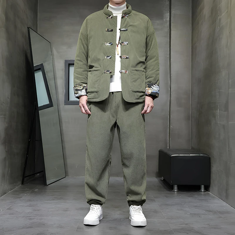 复古灯芯绒棉服男中国风龙纹印花加厚棉衣套装新中式潮牌唐装茶服