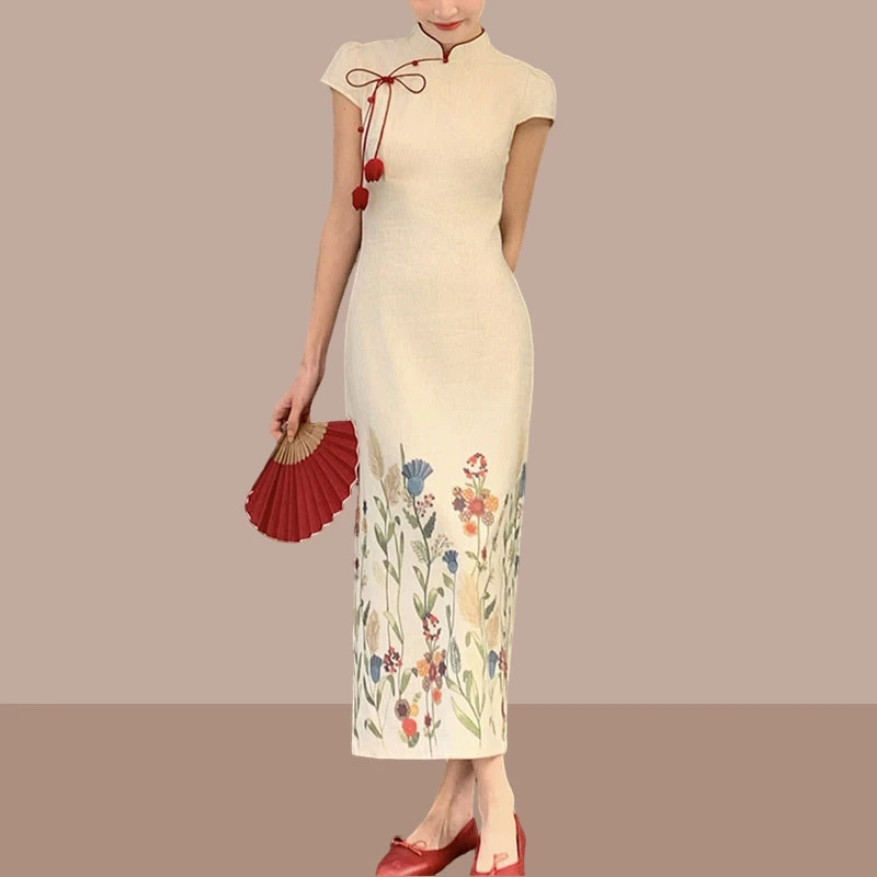 新中式印花亚麻旗袍女夏季新款气质修身显瘦连衣裙配郁金香红头绳