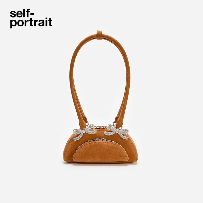 self-portrait深棕麂皮绒长柄腋下手提mini保龄球包