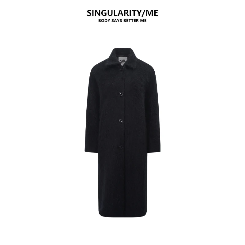 Singularity Me 9A 55721 绵羊毛羊绒拉绒翻领奢毛呢大衣长款外套