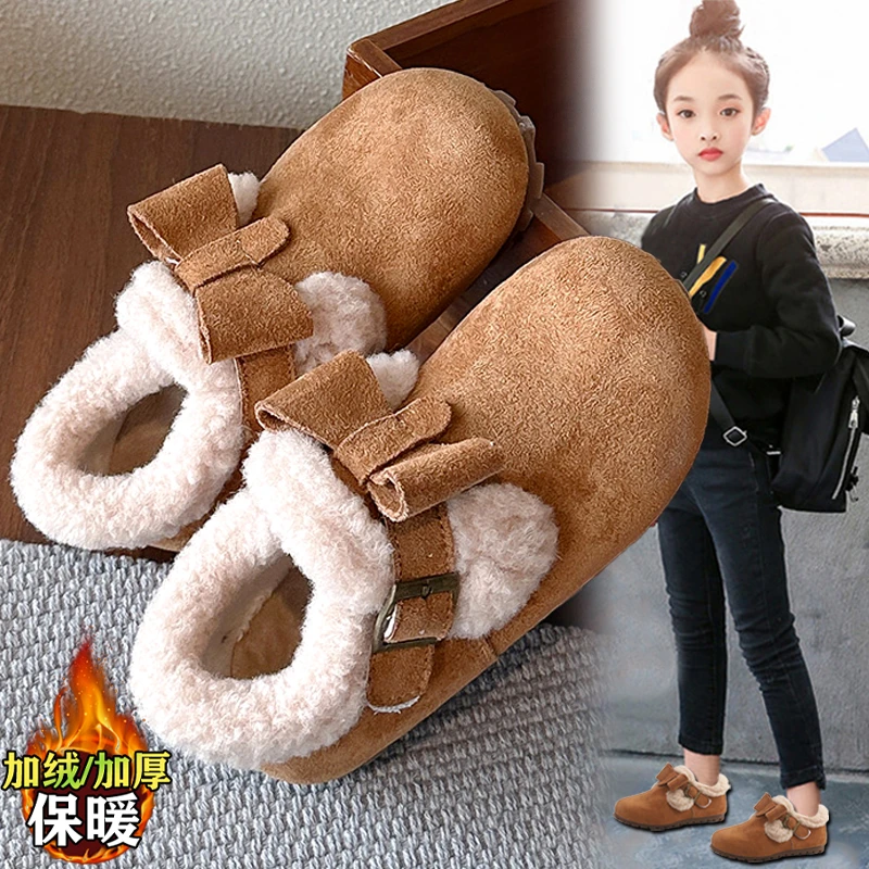 冬季加绒女童皮鞋2025新款洋气公主软底时尚儿童保暖二棉勃肯鞋