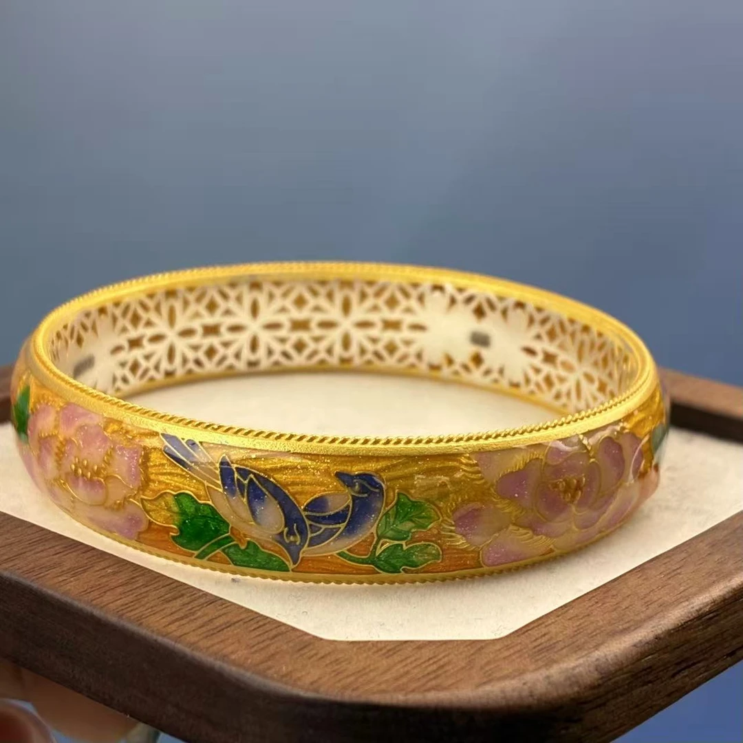 君派 足银手镯 【国色天香牡丹】足银999.9宽面宫廷风新款珐琅手镯