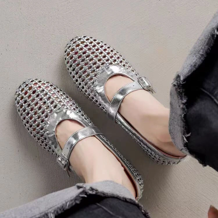 玛丽珍单鞋女2025夏季平底软底一字带网面镂空编织渔网鞋包头凉鞋