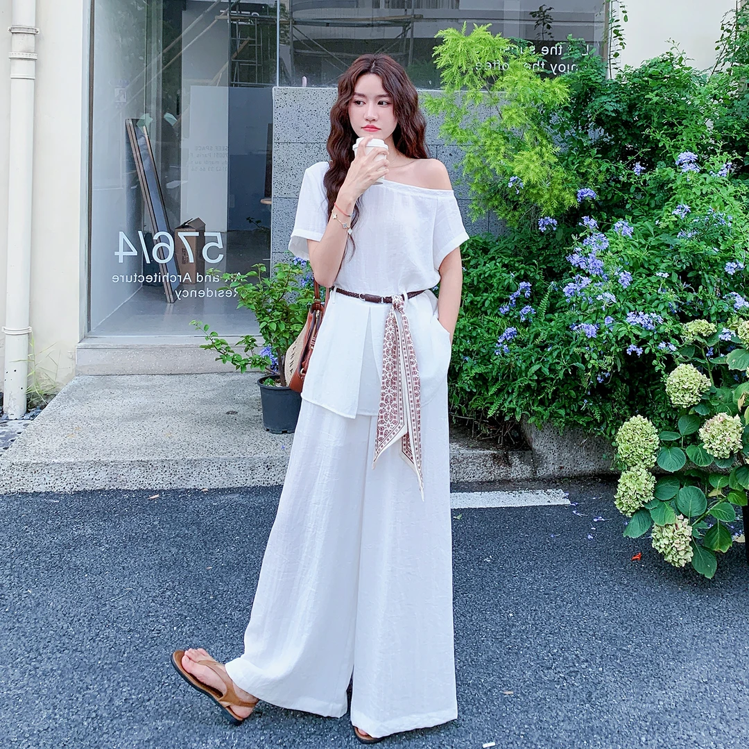 素色松弛感套装2025夏季爆款露肩收腰白色短袖气质阔腿长裤两件套