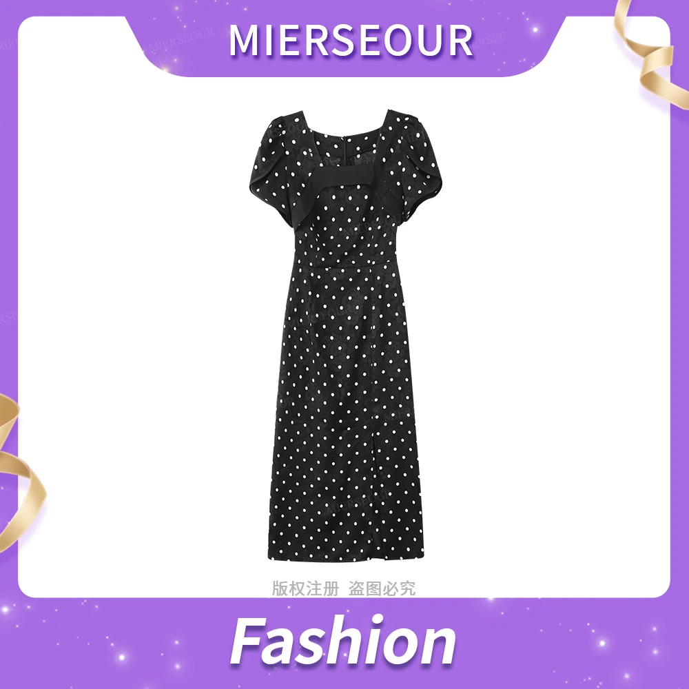 新款优雅复古黑白波点方领侧开叉连衣裙5727