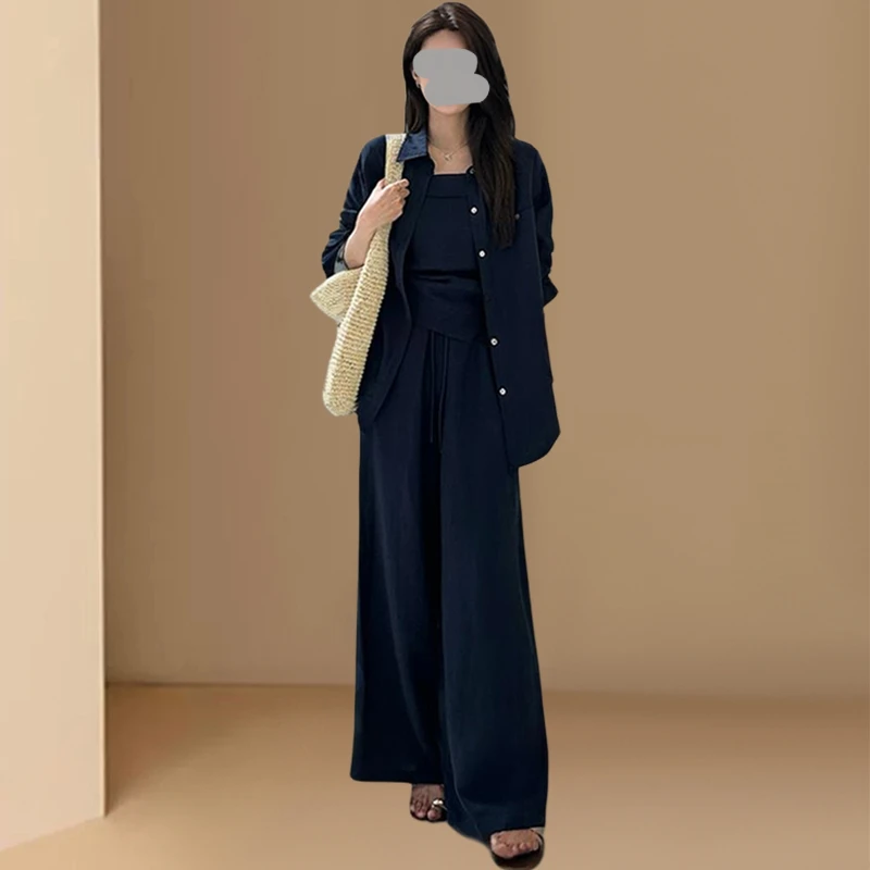 大码女装高级气质上衣高腰阔腿裤气质吊带三件套夏季百搭高级套装
