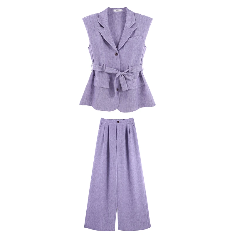 【万万】2025夏季亚麻透气无袖西装马甲阔腿裤套装SHBZC622245