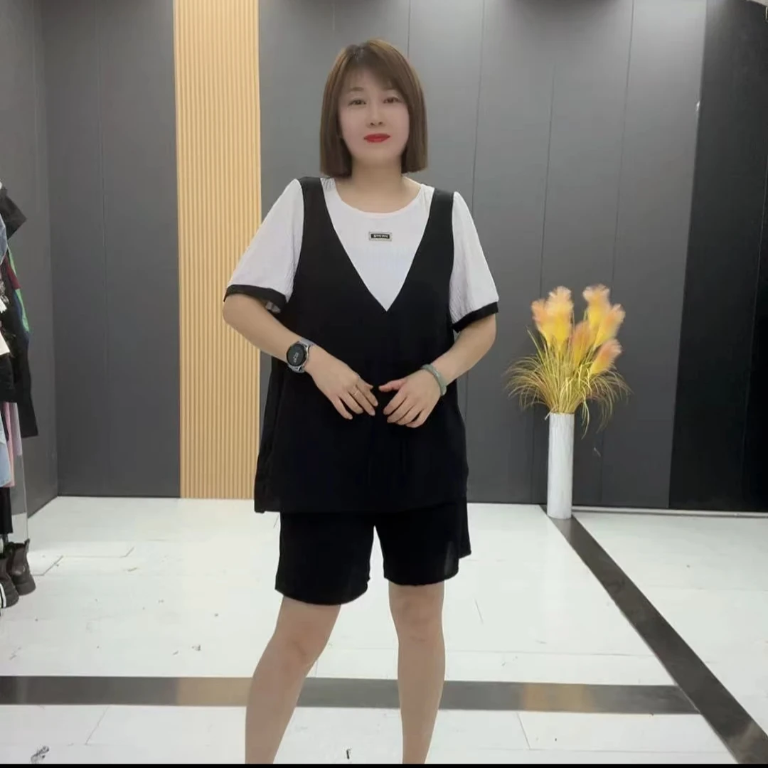 OS2107夏季简约假两件上衣短裤女时尚套装百搭减龄休闲宽松