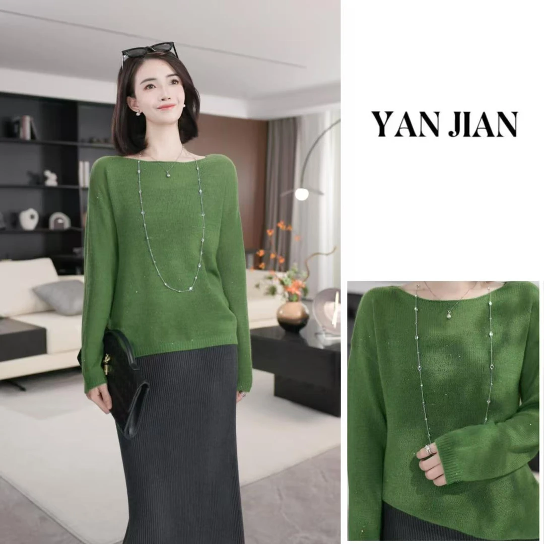 YAN JIAN【绿意】船领绵羊毛珠片纱纯色气质感羊毛上衣