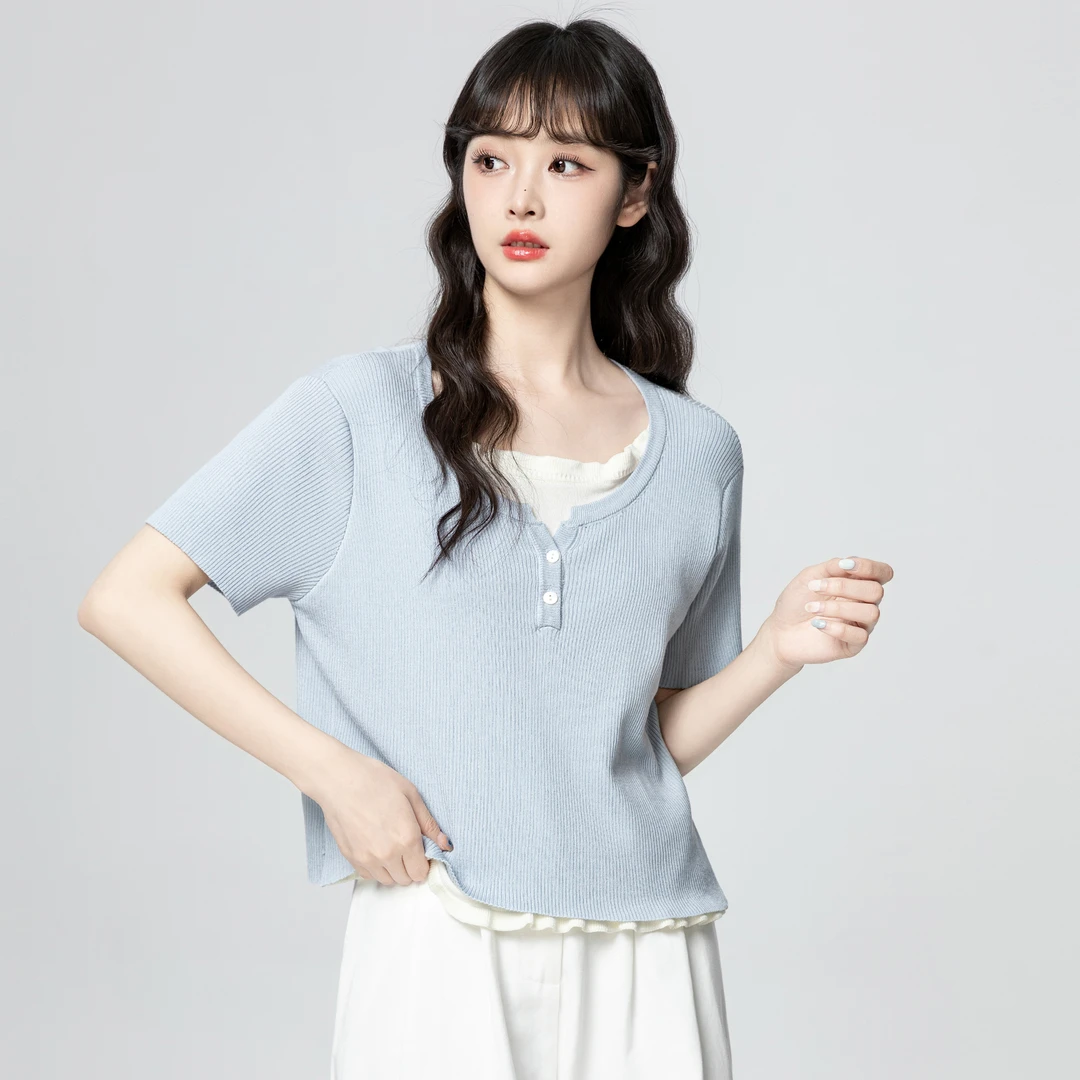 蓝色针织短袖T恤女夏2025夏季新款假两件设计感体恤木耳边短上衣