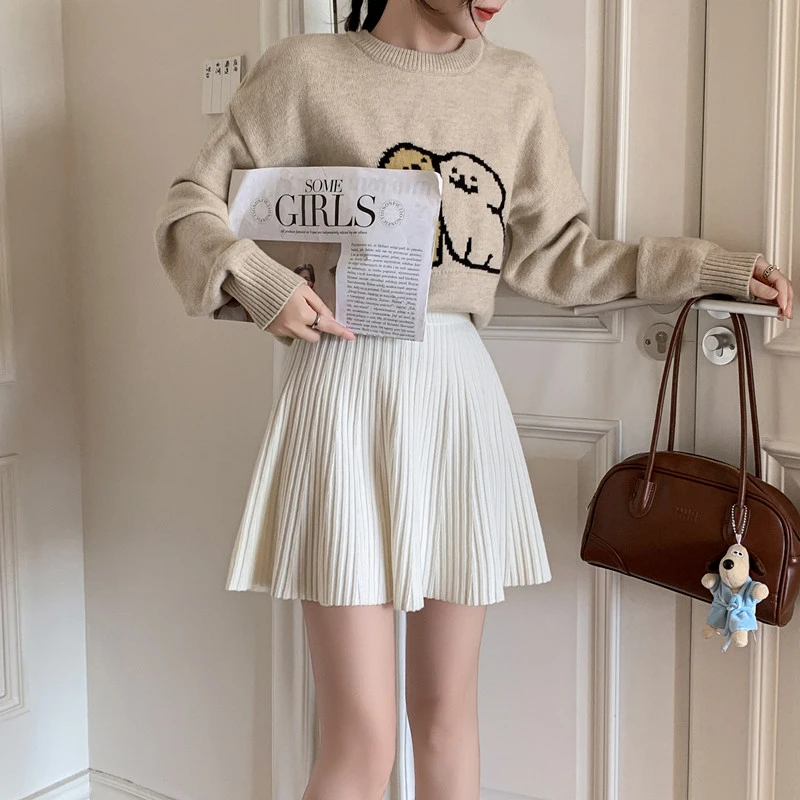 秋冬温柔甜美风新款褶皱奶白针织半身裙女高腰显瘦A字裙短裙子