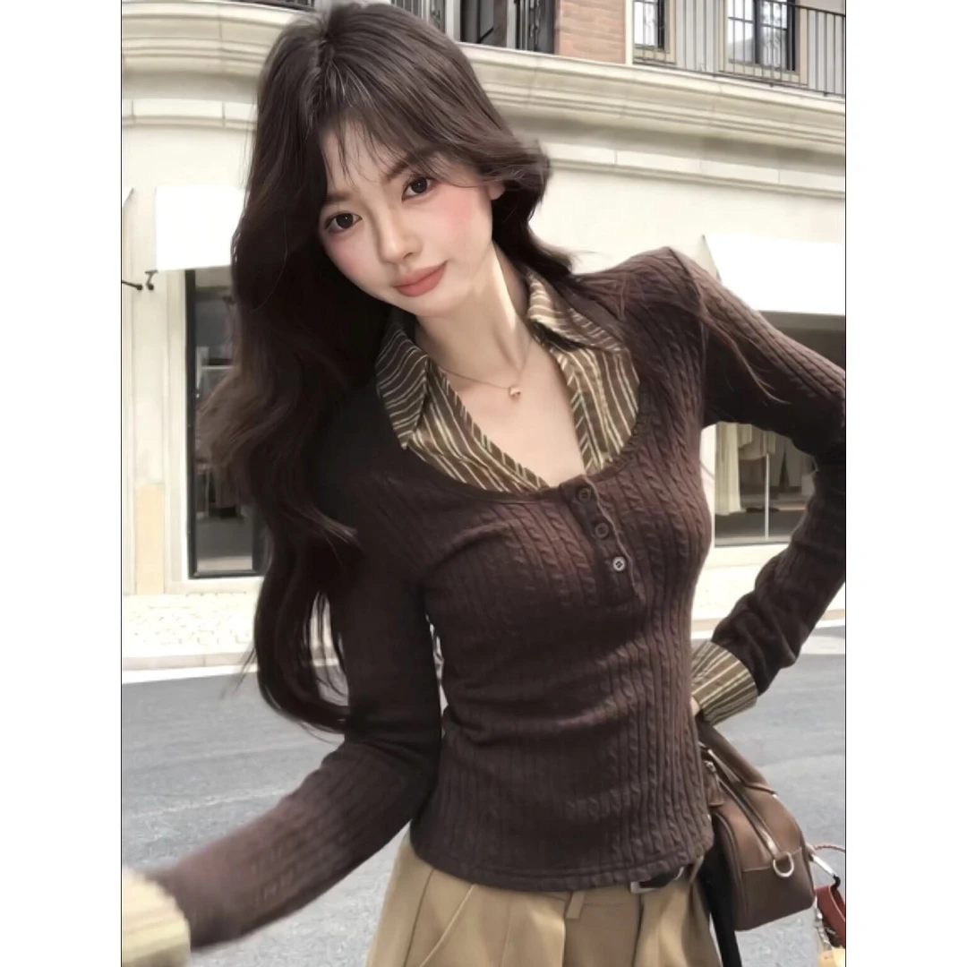韩系穿搭假两件撞色翻领长袖t恤女秋冬季高级感chic短款辣妹上衣