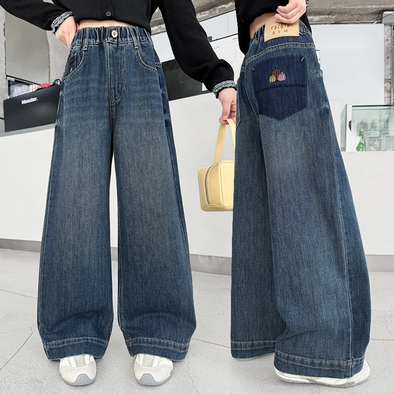 女童秋季新款时尚阔腿牛仔裤6-12岁女大童洋气直筒裤女孩宽松韩版