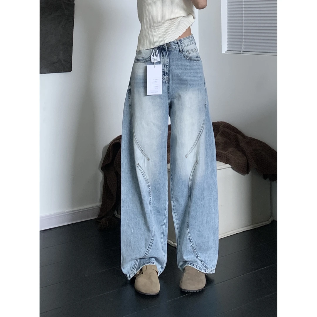 水洗蓝复古做旧磨白高腰显瘦宽松直筒阔腿牛仔裤子女2025夏季新款