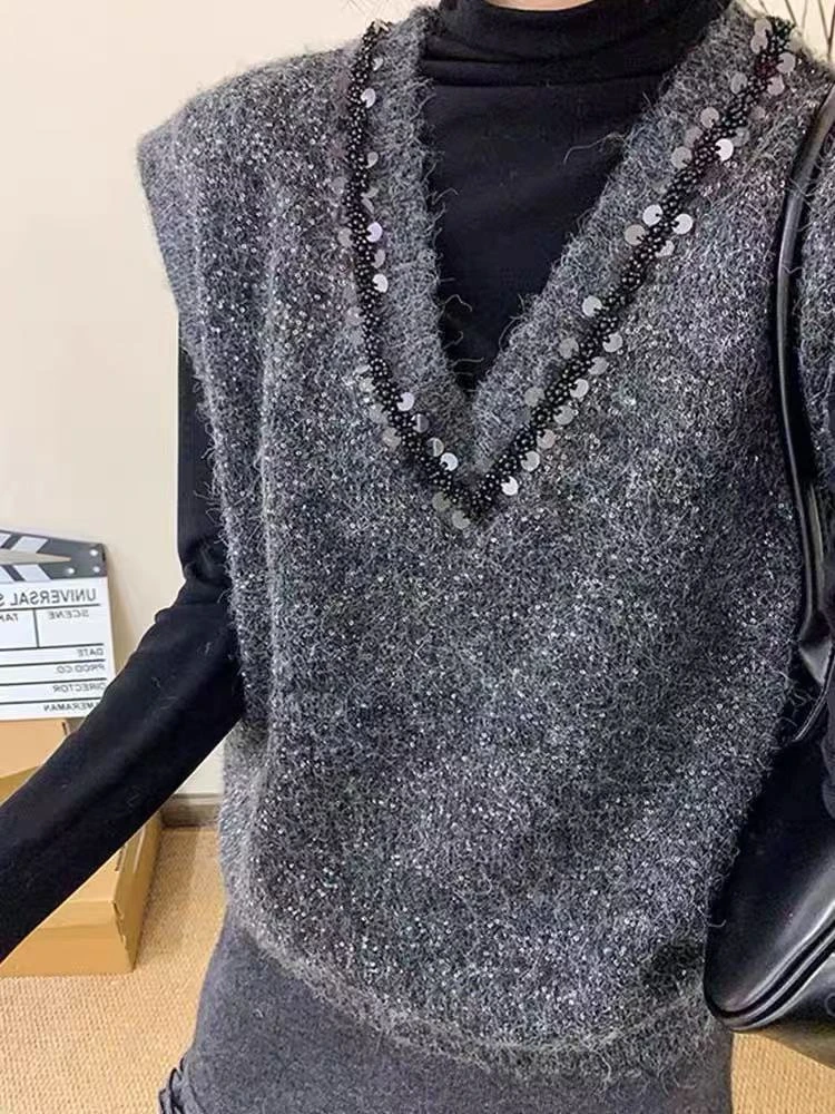 春秋高级感V领亮片星空纱时尚针织百搭马甲宽松