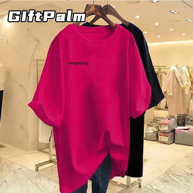 GiftPalm宽松大版短袖t恤女夏新款美式复古质感纯棉中长款打底衫