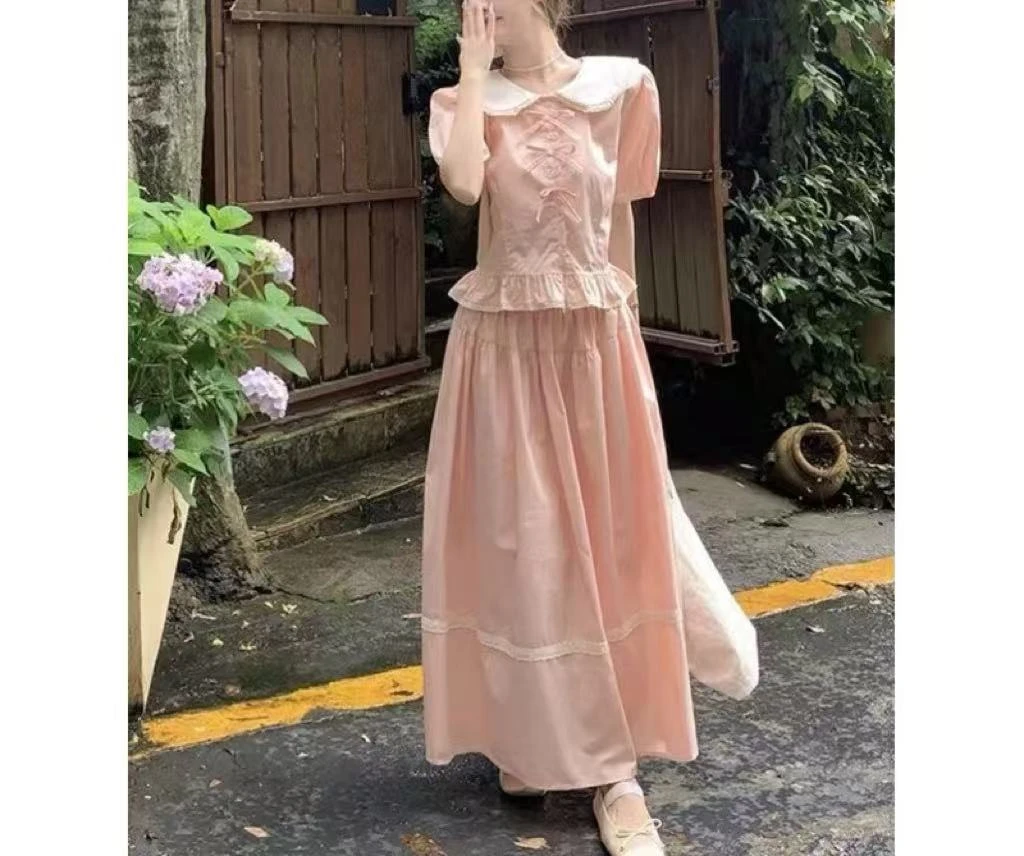 9225胖MM新款甜美风套装娃娃领短袖上衣＋中长半身A字长裙洋气显瘦