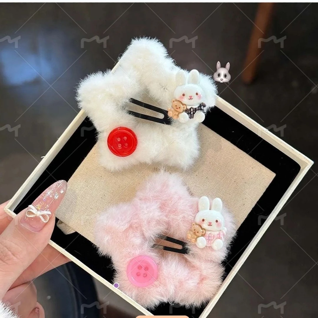 秋冬星星可爱纽扣米菲兔毛茸茸甜美发夹少女毛绒发卡刘海BB发饰