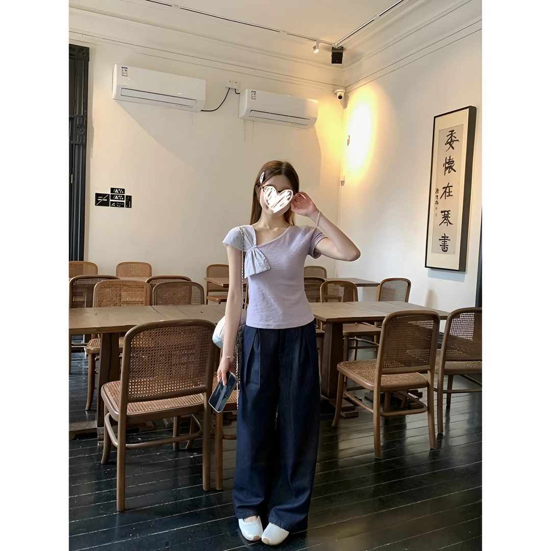 甜辣蝴蝶结斜肩短袖上衣女小个子短款修身显瘦设计感t恤夏季