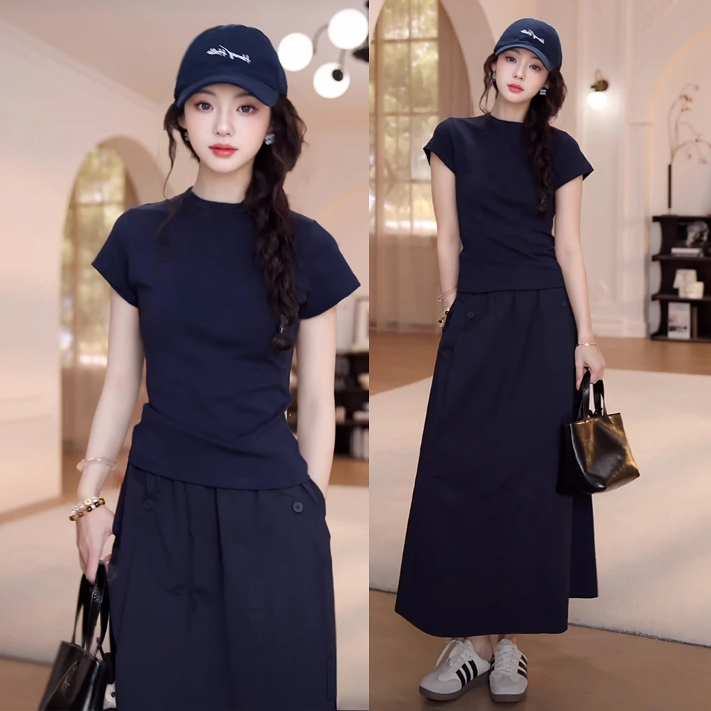 夏季新款休闲百搭短袖T恤女+高腰显瘦松紧腰半身裙长裙时尚套装
