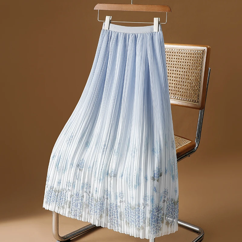 春夏季新款法式甜美渐变色蕾丝冰丝碎花设计感细褶高腰A字半身裙