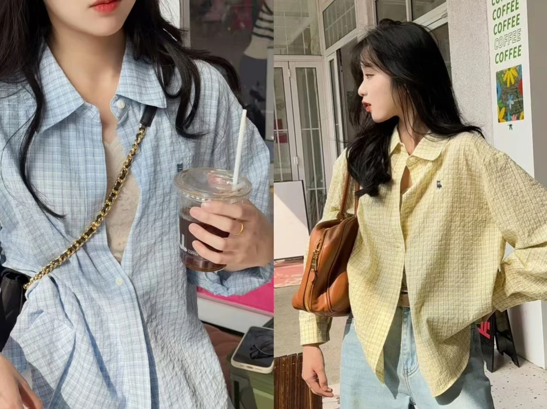 【丽鑫】3359刺绣小椅子 泡泡感休闲格子衬衫