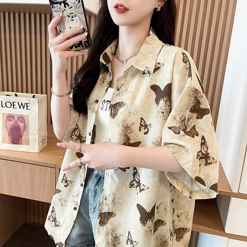 小众漂亮短袖衬衣外搭开衫女夏初高中学生防晒衬衫中长新爆款上衣