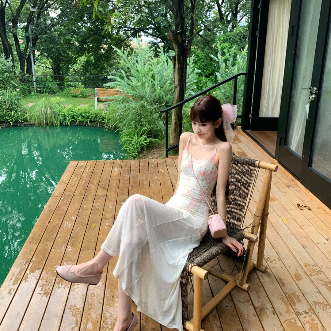 赵小小【温柔乡】夏季新款浪漫收腰印花鱼尾吊带修身连衣裙28230