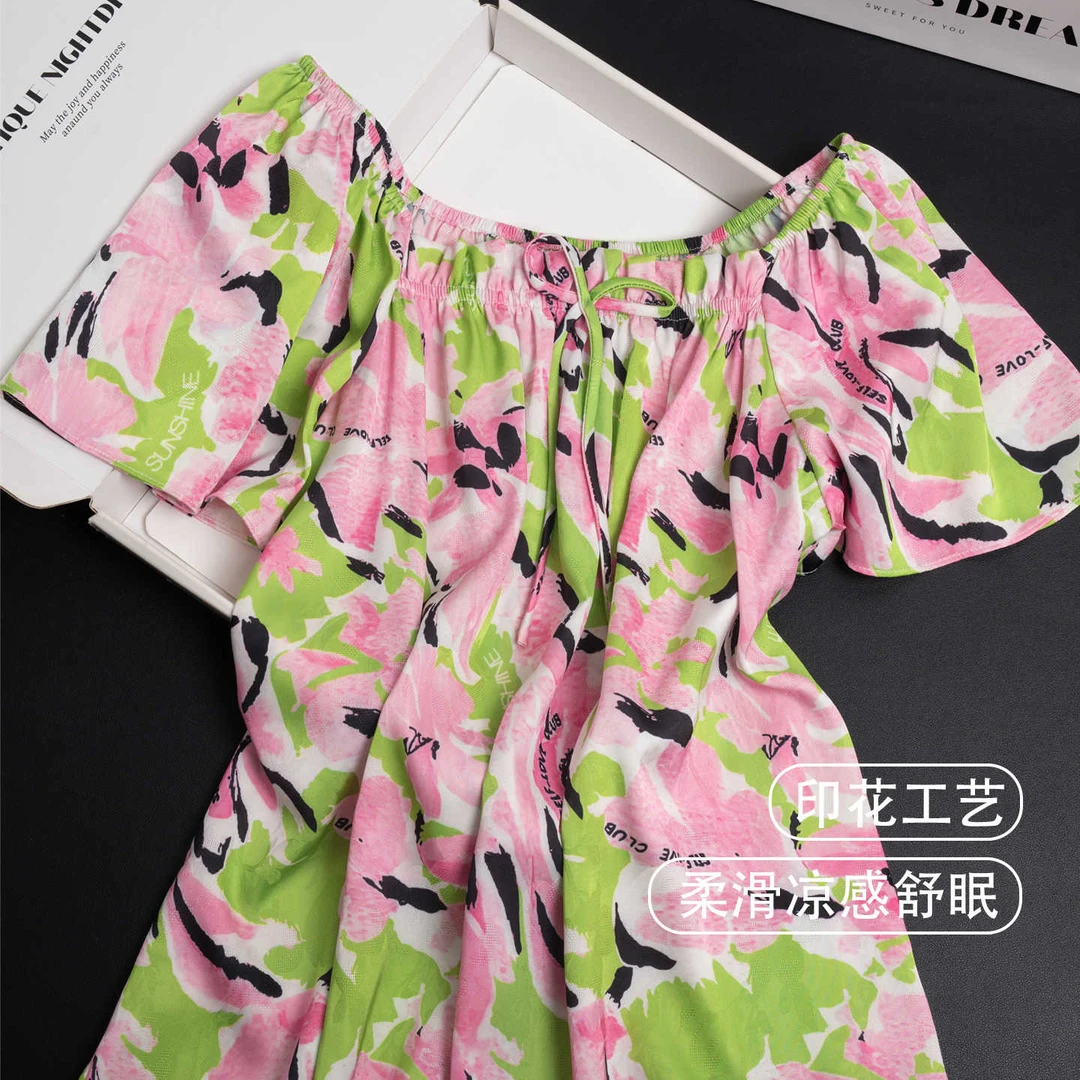 达芬奇密码新款芙蕖印花夏季睡裙女碎花短袖宽松显瘦薄款睡裙