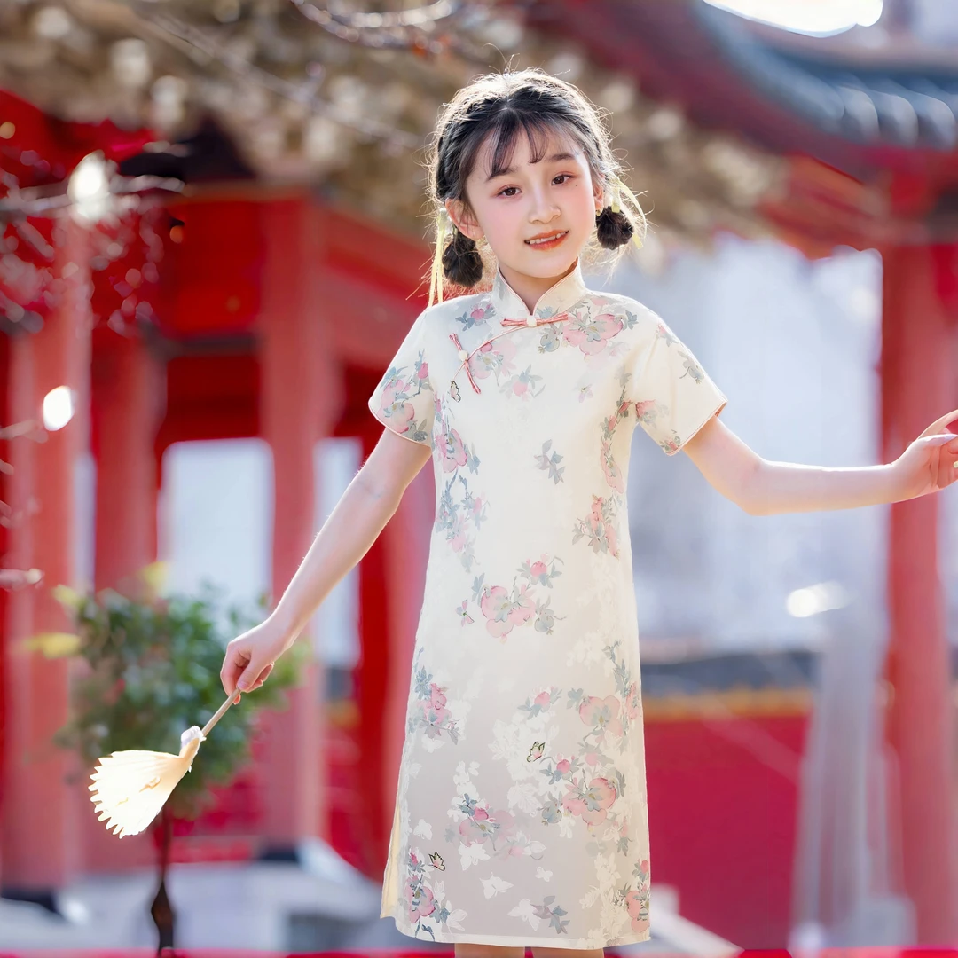D803女童旗袍新款夏季薄款儿童中国风复古新中式连衣裙旗袍裙女童
